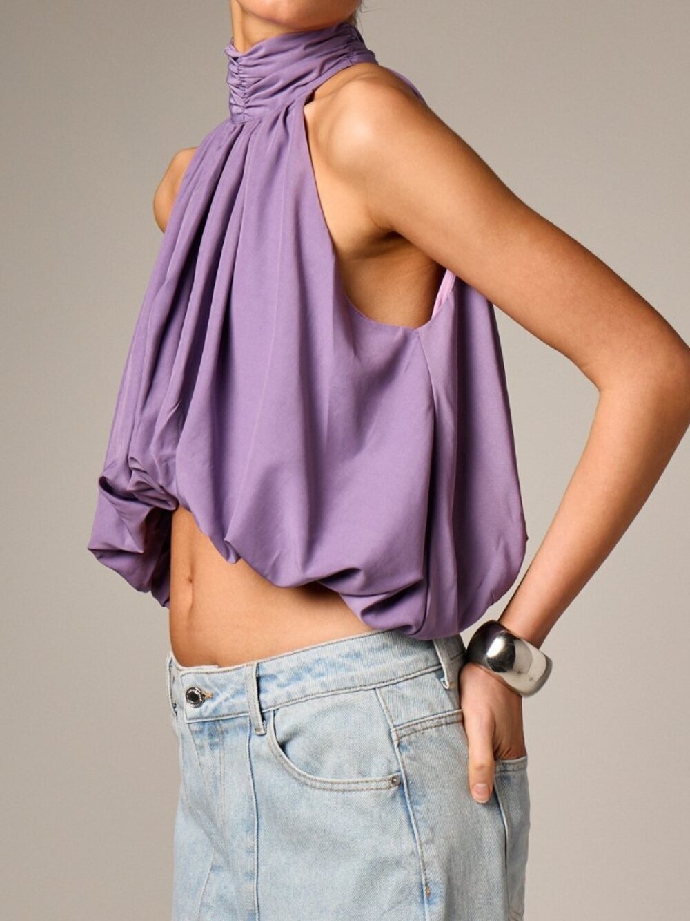 Purple Elegant Women's Halter Neck Sleeveless Puffball Blouse - Picture 4 of 6